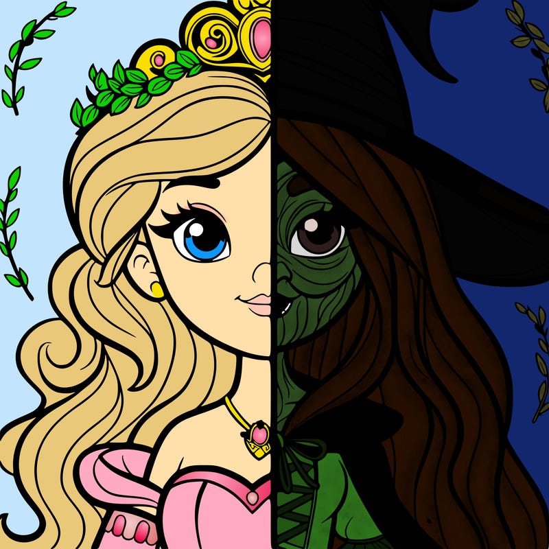 detailed realistic split of a princess and a witch