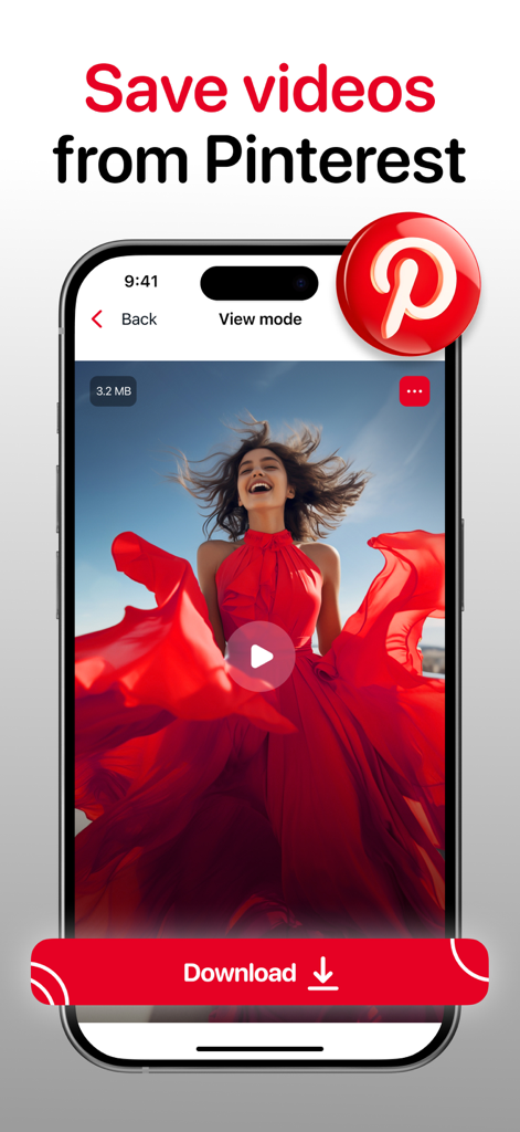 Pinterest Downloader - PinSave - Interface do aplicativo móvel mostrando como salvar vídeos do Pinterest com um botão de download vermelho
