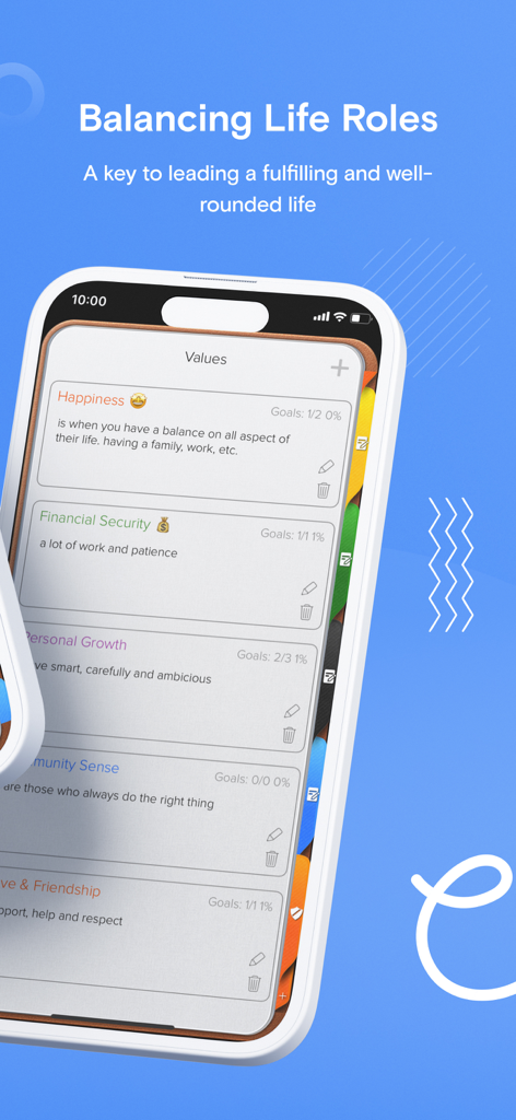 Opus One: Digital Planner - Interface of Opus One digital planner displaying personal values and life balance categories