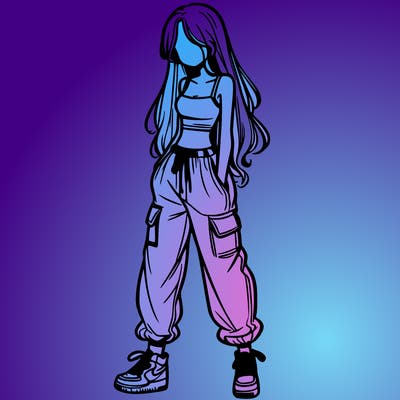 girl in baggy pants crop top and long hair