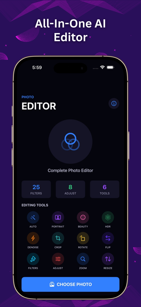 AI Photo Video Editor - Interfaz de la aplicación AI Photo Video Editor mostrando varias herramientas de edición en el dispositivo y opciones de filtros