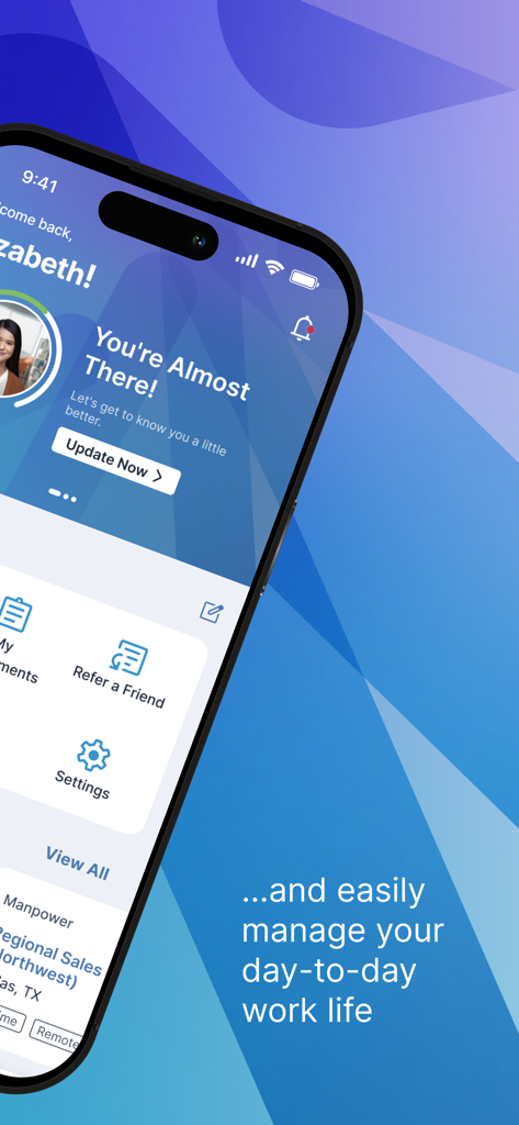 Uno smartphone che mostra l'interfaccia dell'app My Manpower per la gestione della vita lavorativa e la ricerca di lavoro