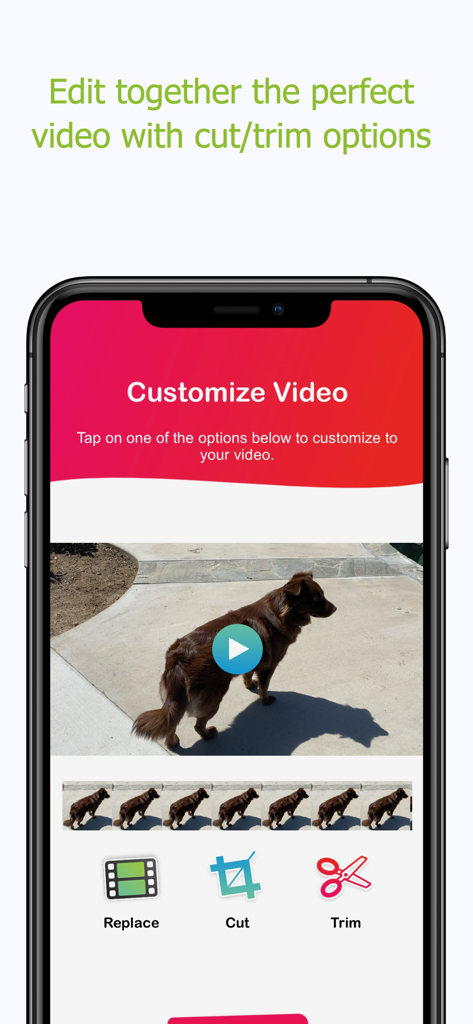 VidKids: Make Fun Videos! - A child-friendly video editing interface showing cut and trim options for a video of a dog