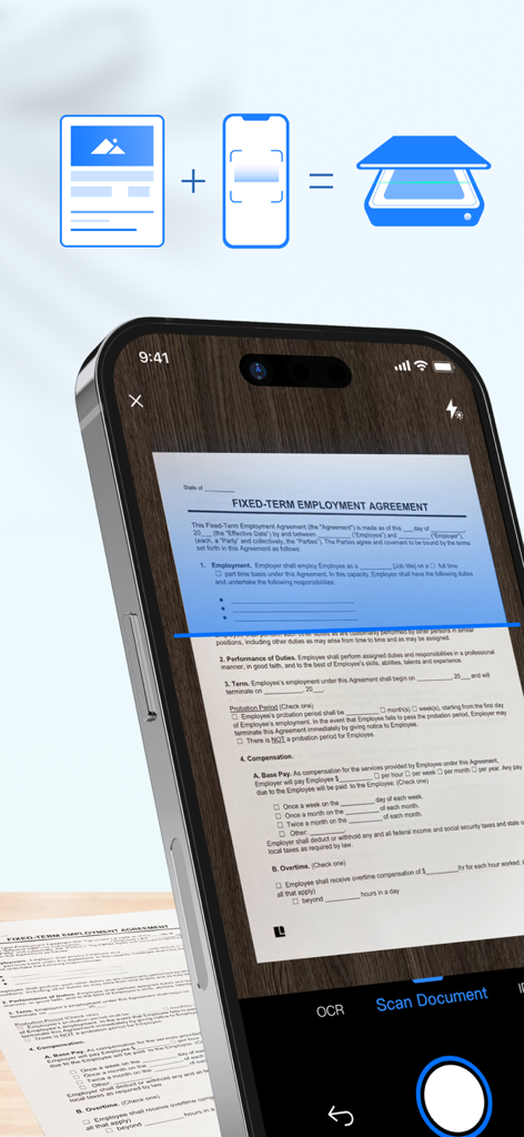 A smartphone using the LightPDF Scanner app to scan an employment agreement document on a wooden surface.