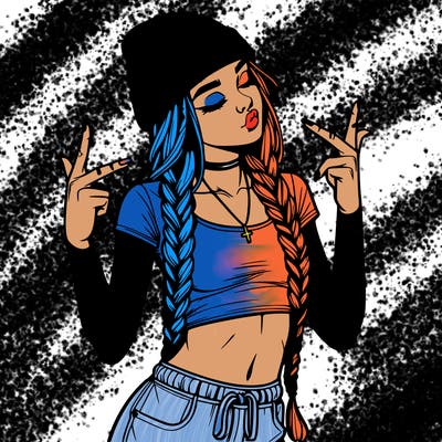 realistic teenage girl with braids and a beanie and crop top doing 🫶🏼