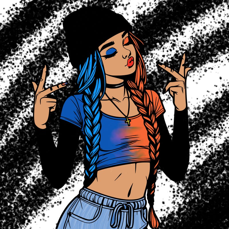 realistic teenage girl with braids and a beanie and crop top doing 🫶🏼
