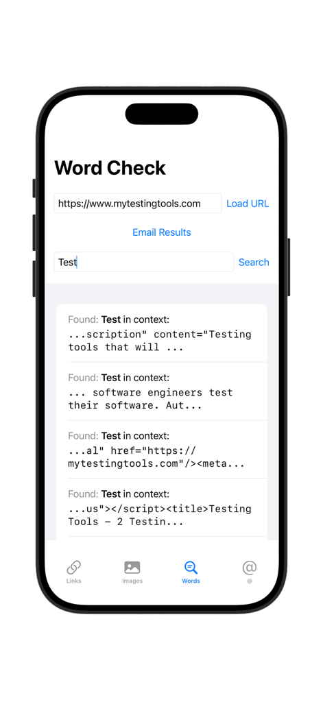 Mobile screenshot of the Word Check feature in Link Check Pro app showing keyword search results for a website URL