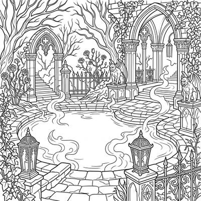 Unleash your creativity with this intricately detailed Gothic Hot Spring coloring page, combining serene waters with dark, ornate beauty. Explore a mysterious landscape featuring ancient architecture, guarding gargoyles, and atmospheric mist, waiting for your unique palette.