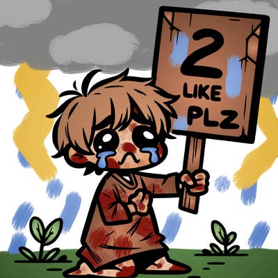 small poor toddler crying with sign that says 2 like plz