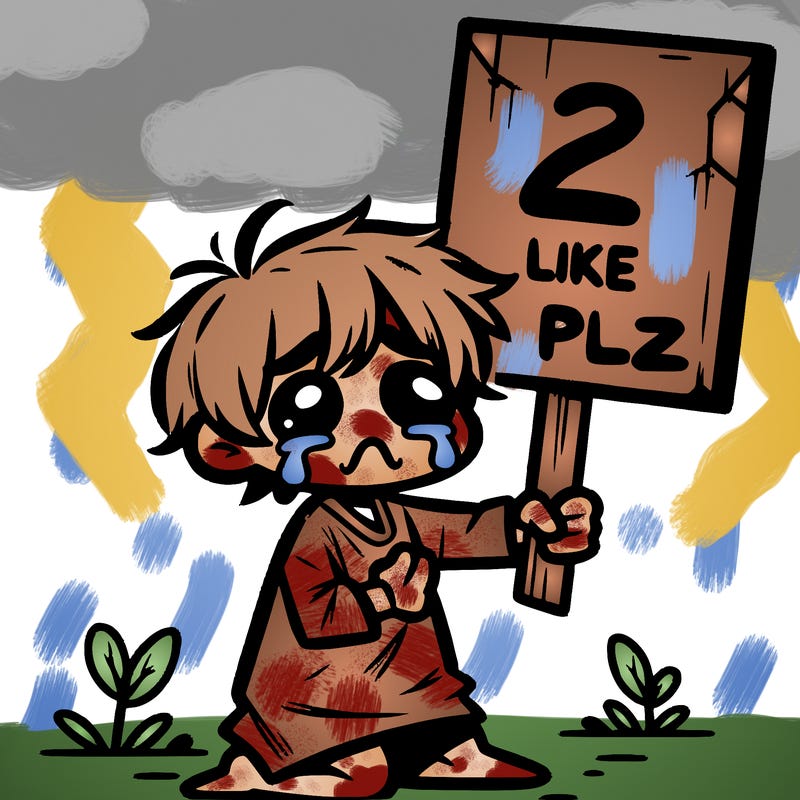 small poor toddler crying with sign that says 2 like plz