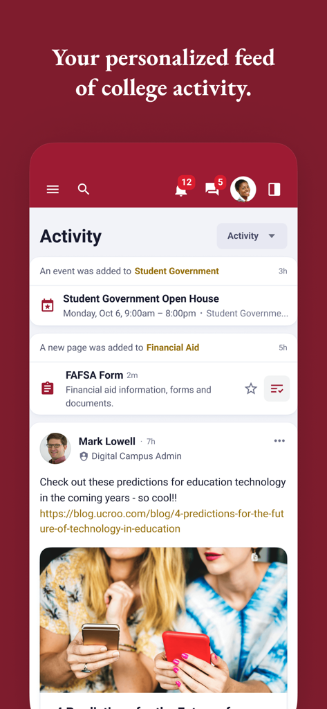 Personalized college activity feed in the myBYUH app showing campus events and financial aid updates.