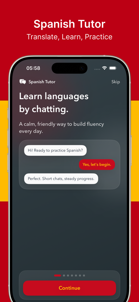 Spanish Tutor mobile app onboarding screen featuring a chat interface for learning Spanish