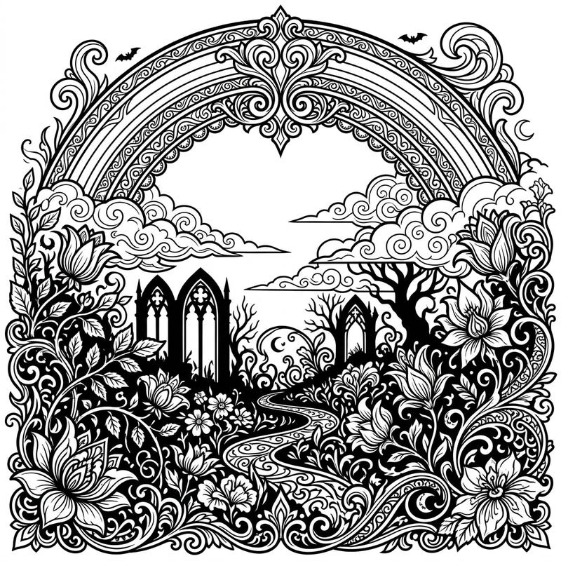 Discover a unique coloring experience with this striking Gothic Spring Fogbow design. Immerse yourself in a melancholic yet beautiful spring landscape filled with ornate details, flowering vines, and mysterious architectural elements.
