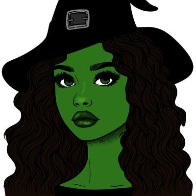 realistic girl with wavy hair a witch hat and a nose and lips and eyes
