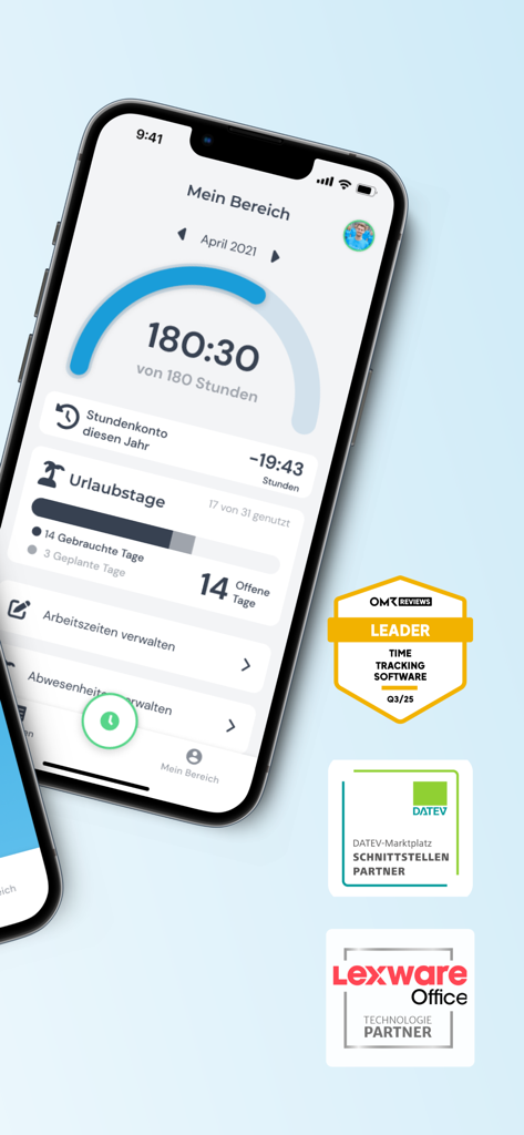 clockin – Zeiterfassung - User dashboard of the clockin app showing hours worked and vacation day tracking status.