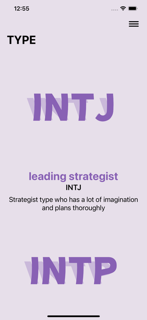 Screenshot of the 16 Personalities Test app showing personality type labels for INTJ and INTP with a description for the leading strategist
