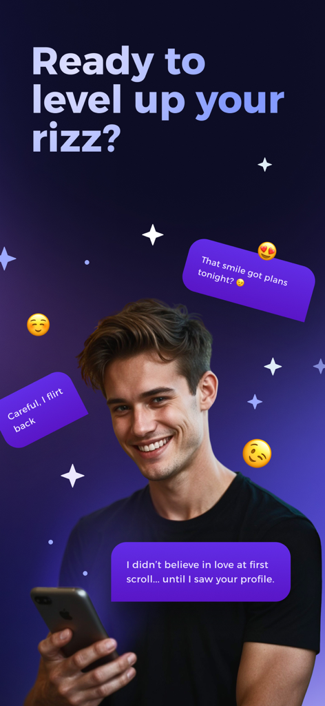 Smooth Ai - Rizz Wingman - A young man using the Smooth AI Rizz Wingman app with floating chat bubble suggestions to level up his rizz