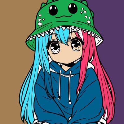 girl with anime shaped eyes with a dinosaur bucket hat oversized sweatshirt long straight hair