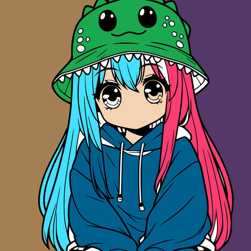 girl with anime shaped eyes with a dinosaur bucket hat oversized sweatshirt long straight hair