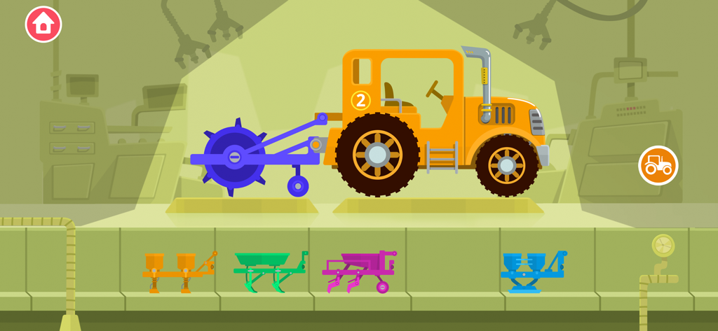 Ein orangefarbener Traktor mit blauer Anbauvorrichtung in einer Werkstatt mit verschiedenen landwirtschaftlichen Geräten, die unten zur Anpassung ausgestellt sind.