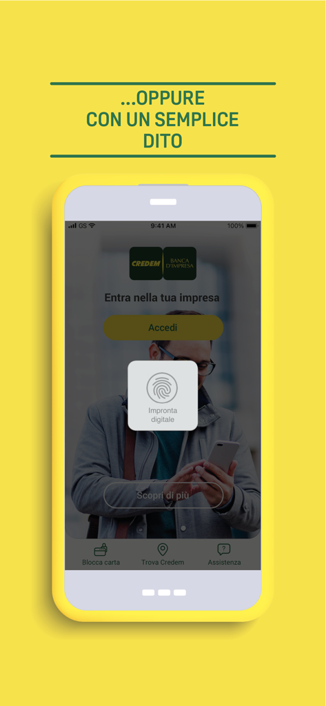 Credem Banca per imprese - Pantalla de inicio de sesión de Credem Banca per imprese que muestra una solicitud de autenticación biométrica de huella dactilar sobre un fondo amarillo