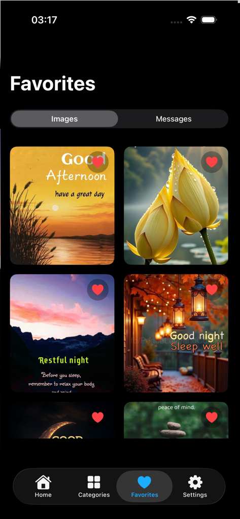 Good Morning Night Afternoon - Pantalla de favoritos de la aplicación Buenos Días Noches Tardes que muestra una colección de imágenes de saludo guardadas con temas de atardecer, flores y linternas.