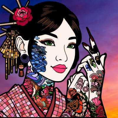 a realistic japanese woman covered in tattoos