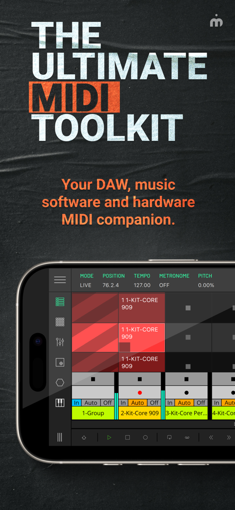 LK app interface on a smartphone showing the MIDI matrix and control settings