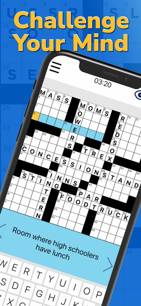 Mobile screen of Arkadium Daily Crossword Puzzles featuring a grid and brain training challenge