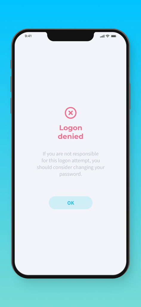 UserLock Push - Interface do aplicativo UserLock Push mostrando uma notificação de login negado com conselhos de segurança