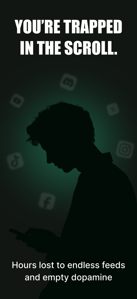 Stop Doomscrolling: AntiApp - スマートフォンを持つ人のシルエットと、You are trapped in the scrollというテキストが表示されたミニマルなアプリ画面。