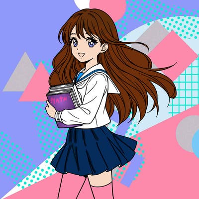 anime-style little girl in long hair and japanese uniform holding 3 books in her hand