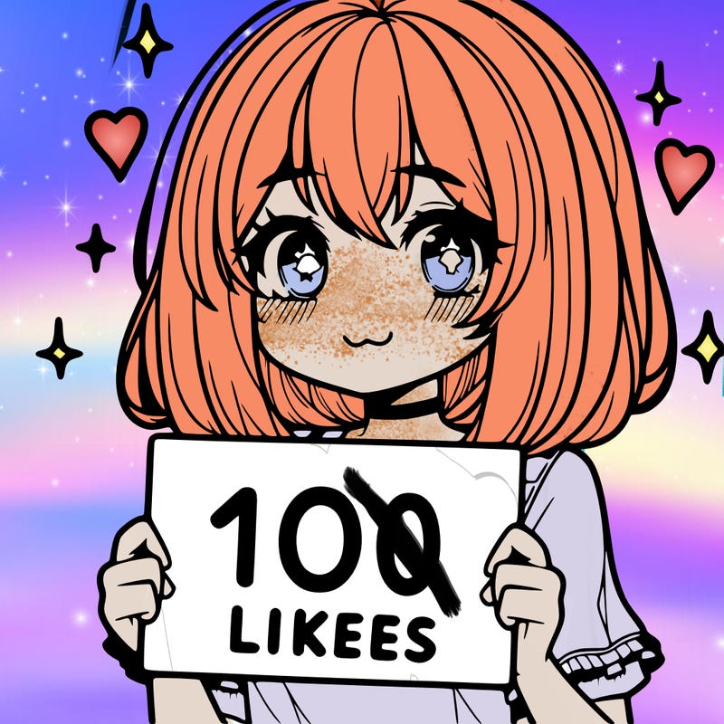 anima girl holding a 100 likes sign in her hand