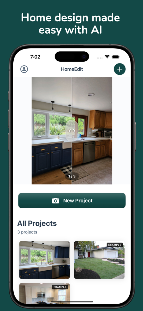 Smartphone screen showing HomeEdit app with a kitchen redesign before and after comparison slider