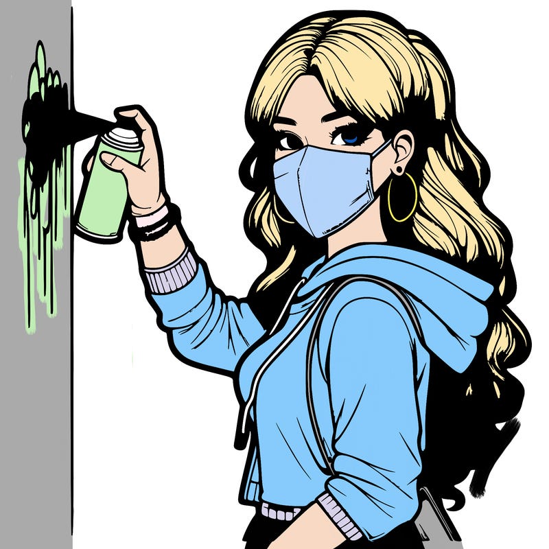 realistic girl with mask spray painting a wall