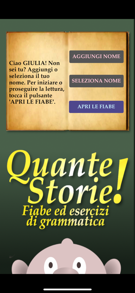 Quante Storie! - Pantalla de inicio de la aplicación Quante Storie que muestra un libro abierto con opciones de perfil de usuario y un botón para empezar a leer cuentos de hadas