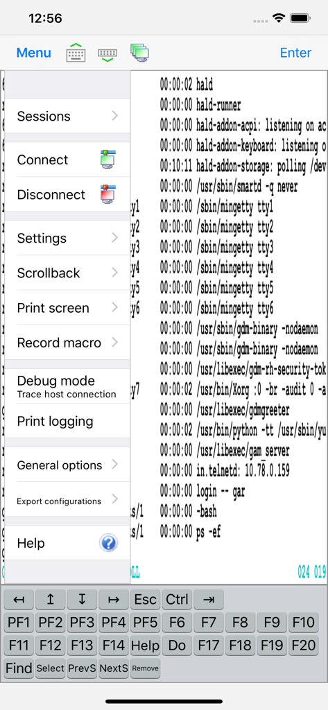 Interface de l'application émulateur de terminal Glink VT affichant un menu technique et un clavier personnalisé sur un appareil mobile