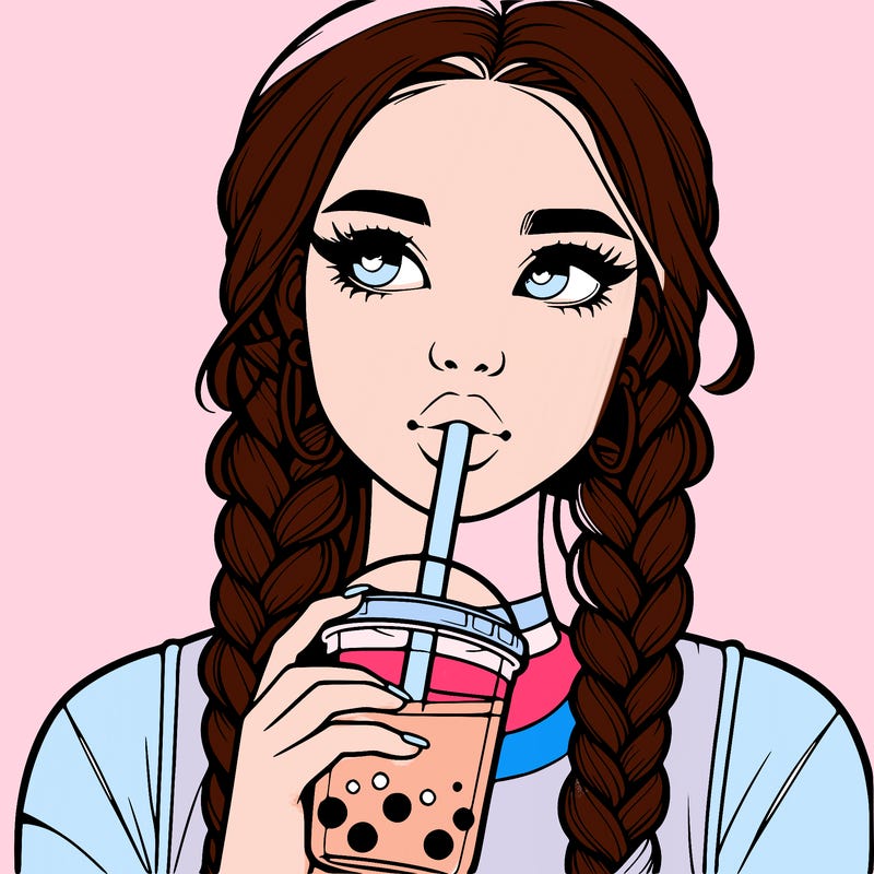 realistic girl with braided hair drinking boba