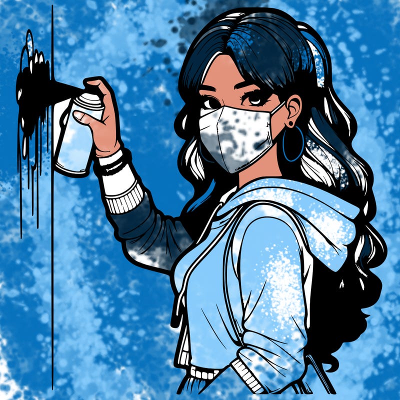 realistic girl with mask spray painting a wall