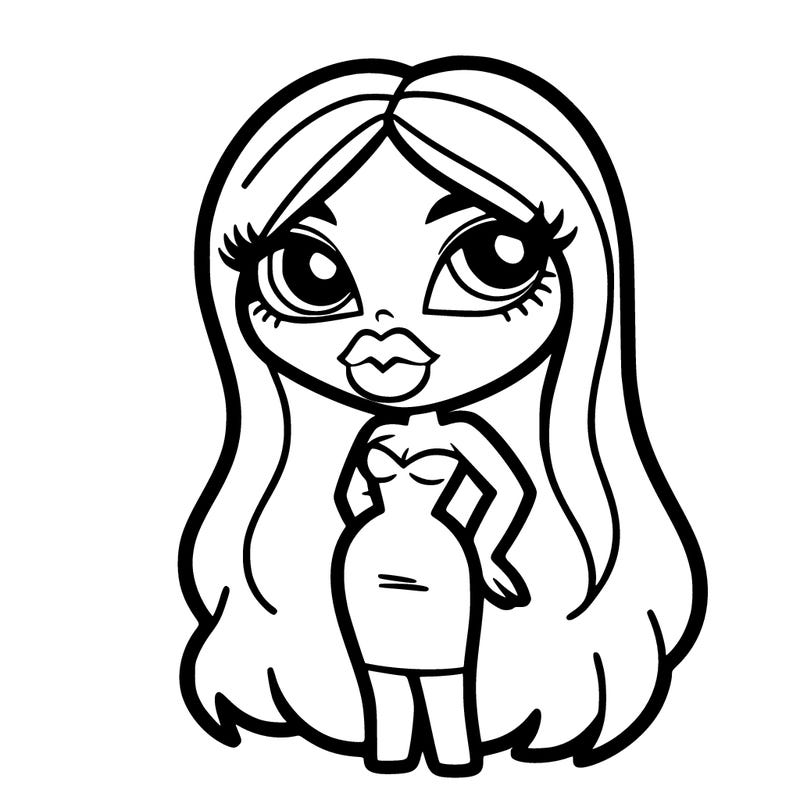 cute girl with hour glass figure and big bratz type of lips, she is wearing a body dress and has long hair and big eyes