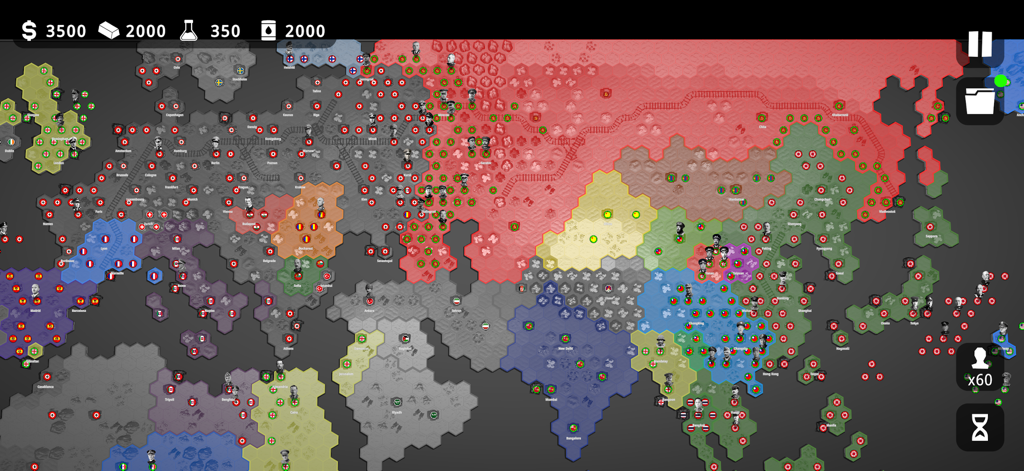 Pocket Panzers - Capture d'écran du gameplay de Pocket Panzers montrant une carte stratégique mondiale basée sur des hexagones avec différents territoires de factions et unités militaires.