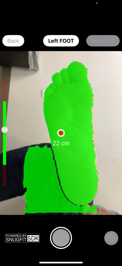 iPhone app interface showing a 3D scan of a left foot with a green digital overlay for custom orthotics