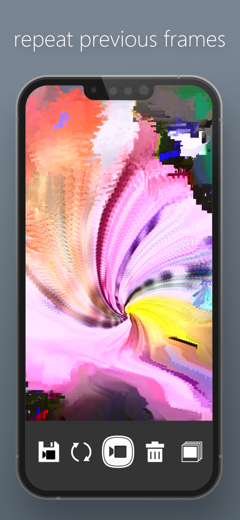MoshUpアプリでカラフルなデータモッシュされたビデオグリッチが表示されているiPhone画面、テキスト「repeat previous frames」を含む