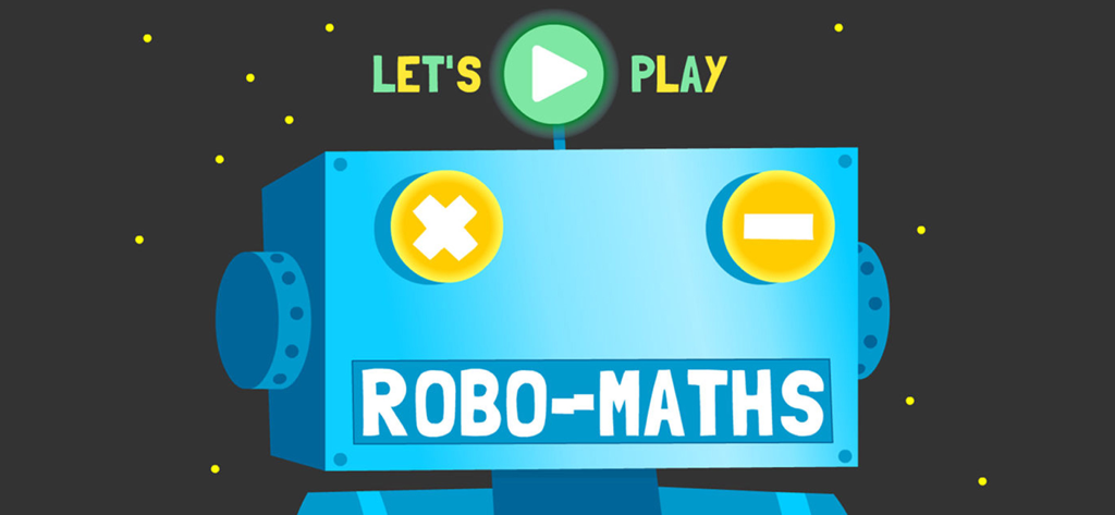 Robo Math Age 6 - 8 - Start screen of Robo Math app featuring a blue robot with math symbols as eyes