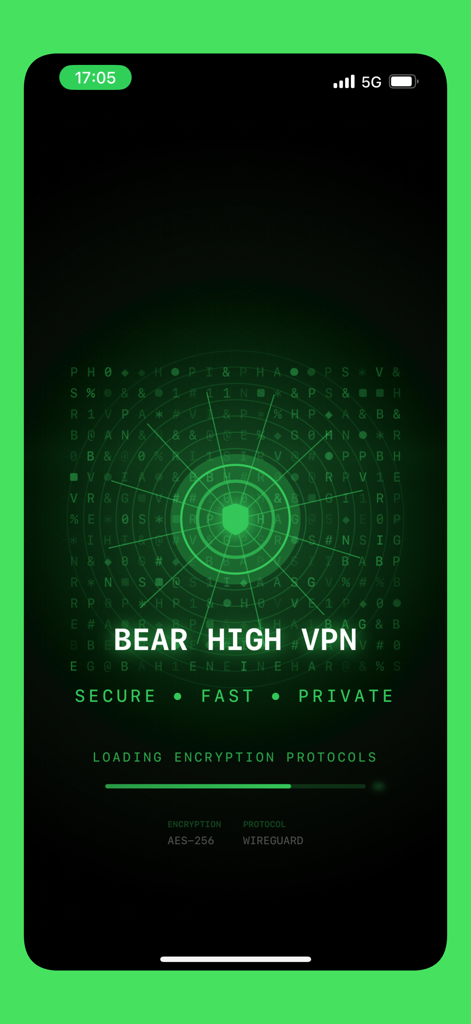 BearVPN loading screen showing secure AES-256 encryption and WireGuard protocol settings