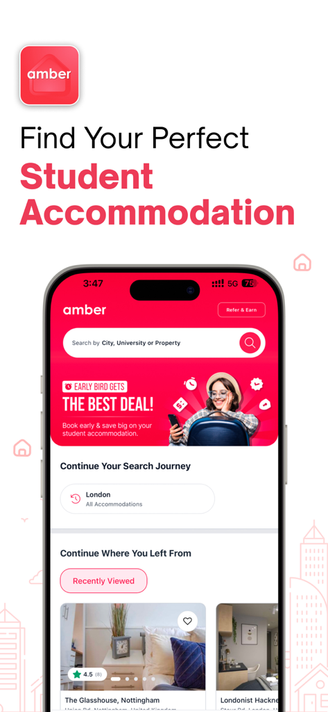 Amber: Student Housing & Apt - Amber student housing app interface displaying search options and accommodation deals