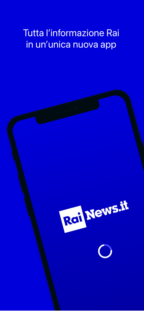 RaiNews - Splash screen of the RaiNews mobile app featuring the official logo on a smartphone silhouette against a blue background