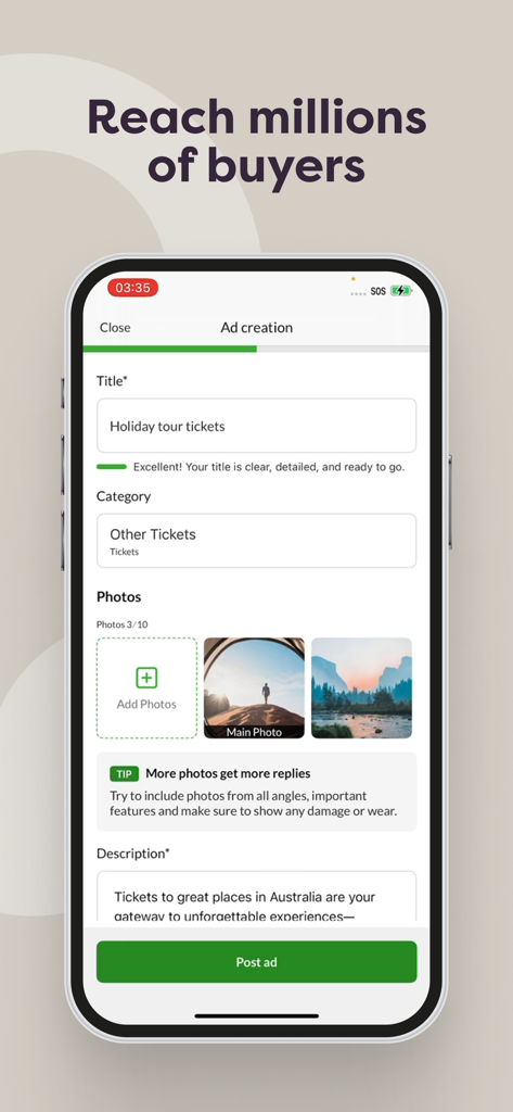 Una interfaz móvil para crear un anuncio de Gumtree que muestra título, selección de categoría, carga de fotos y un botón Publicar Anuncio bajo el titular Llega a Millones de Compradores.