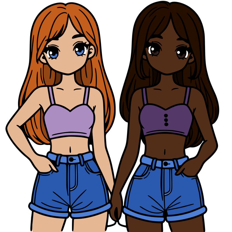 two sisters with crop tops and jean shorts and straight hair