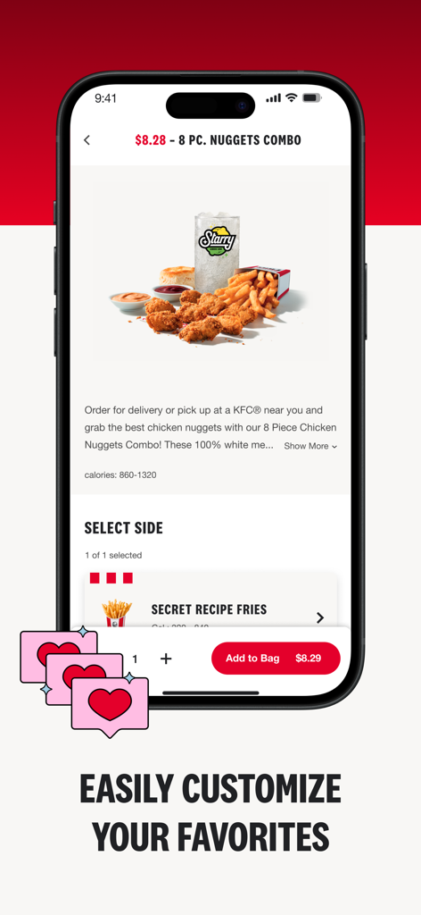 Smartphone screen of the KFC app showing the customization of an 8 piece nuggets combo meal